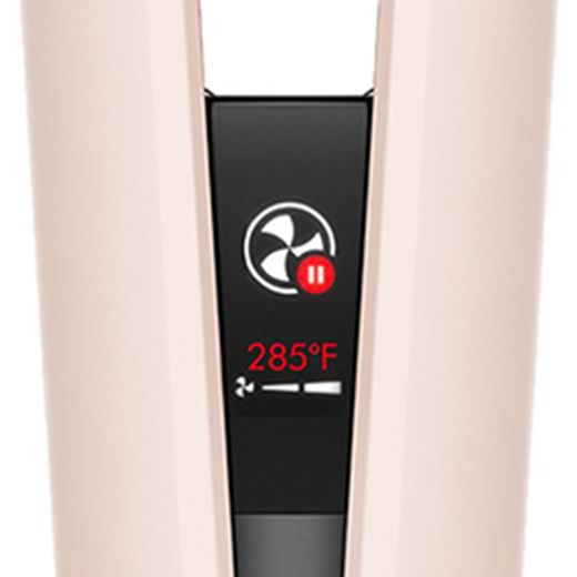 Close-up of the Dyson Airstrait's LCD screen showing the device has automatically paused. The Dyson Airstrait's LCD screen showing the device has automatically paused.